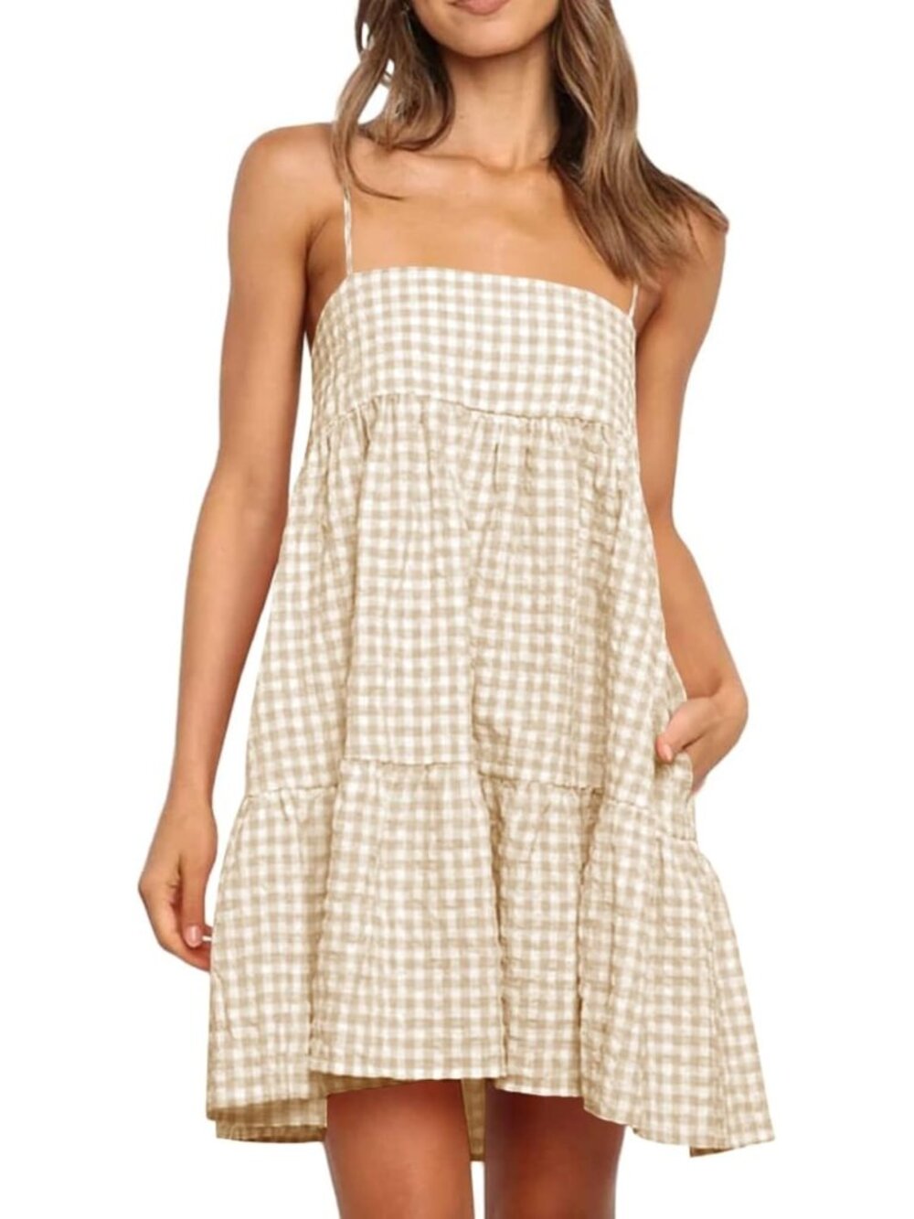Womens Summer Plaid Mini Dress Spaghetti Strap Beach Sundress